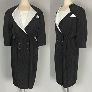 Vintage Dress Womens Size 12 Black White Pinstripe 80s Career Secretary Suiting